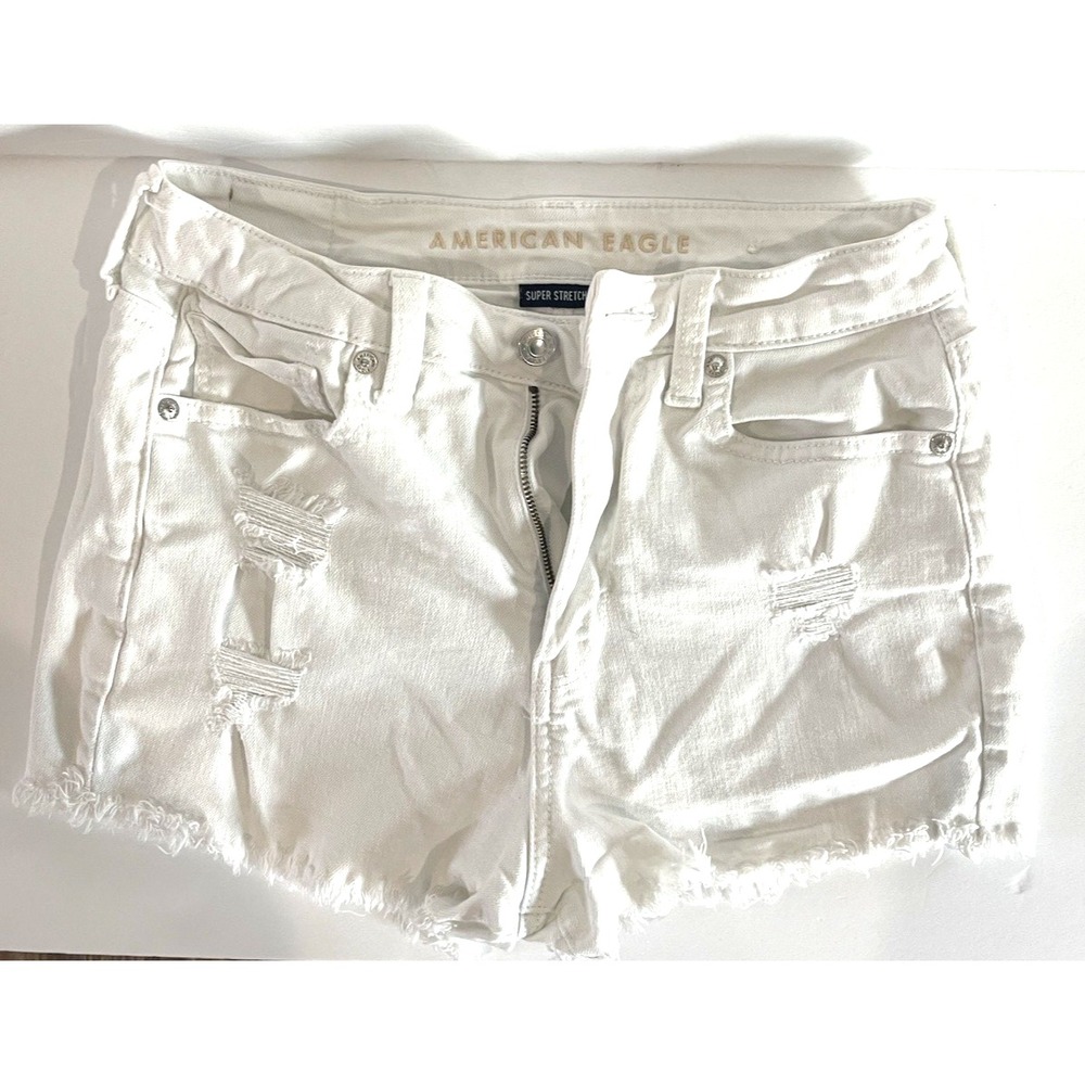 American Eagle Super Stretch Distressed Cut Off Jean Denim Short Size 2 White